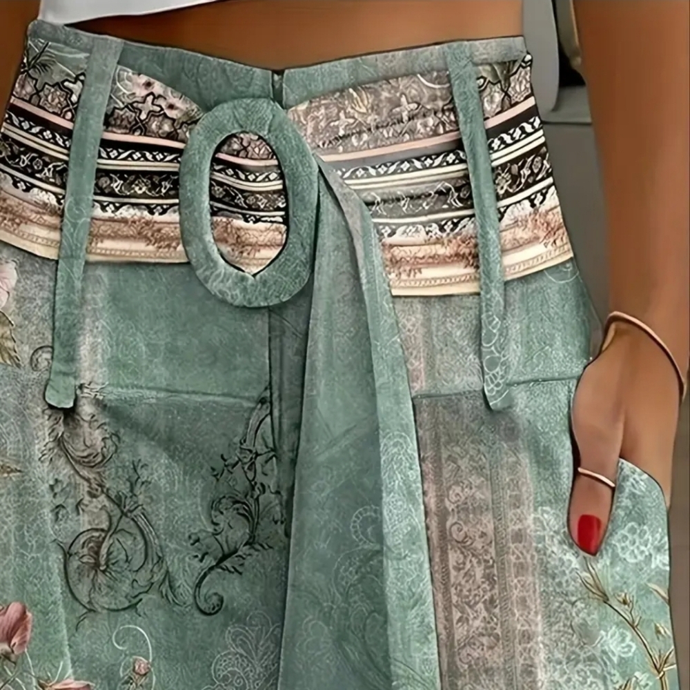 Chic Vintage Teal Green Floral Shorts with Belt